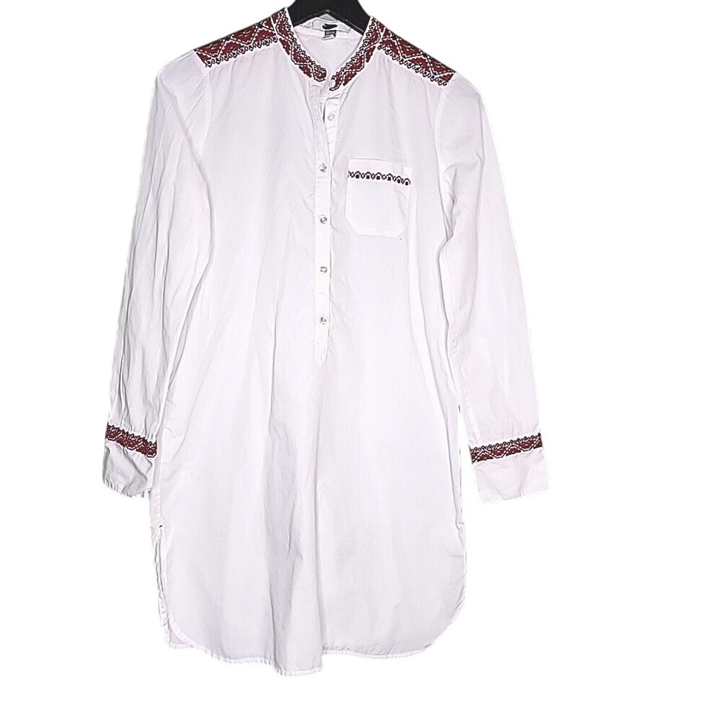 J Crew Tunic Popover Shirt XS White‎ Red Blue Embroidered Long Sleeve Cotton Top